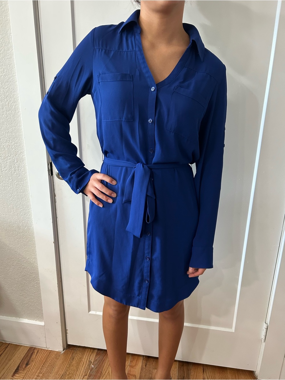 Express Royal Blue Midi Shirt Dress with Tie Waist